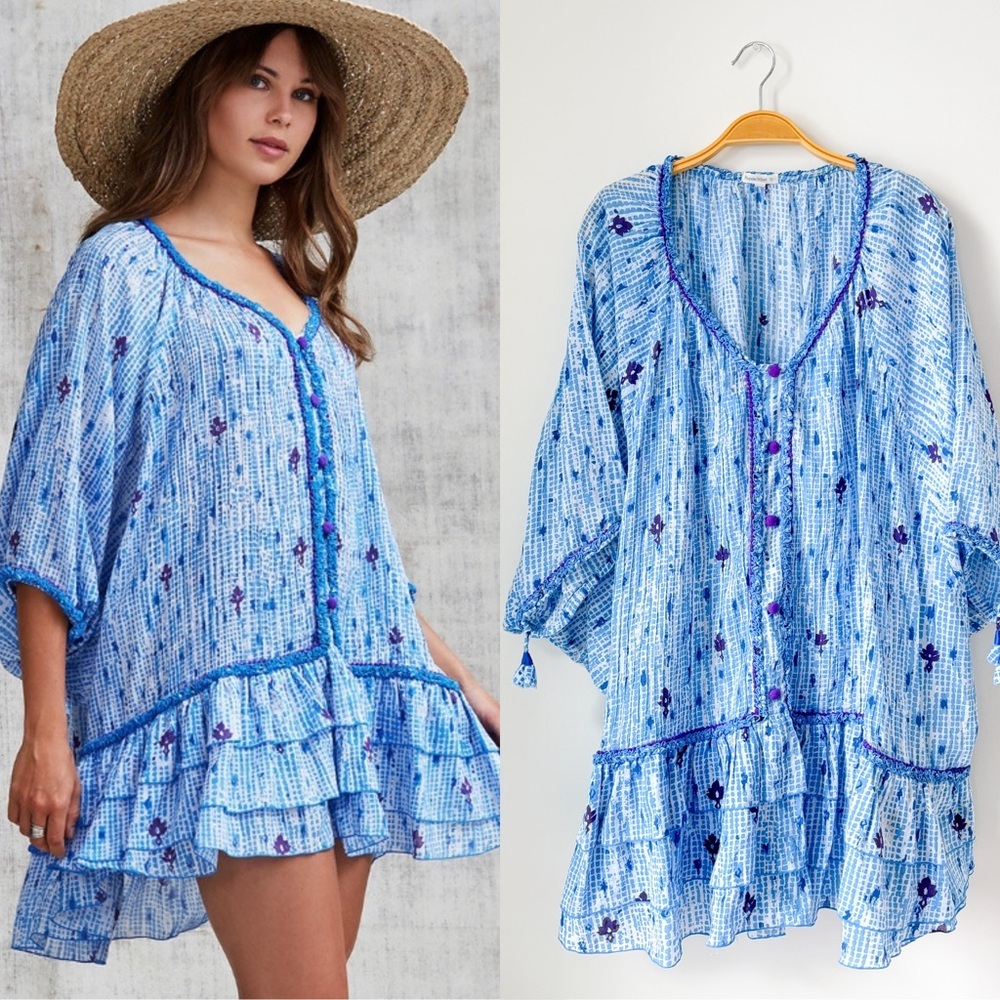 Poupette St. Barth Blue and Purple Pom Pom Boho Tunic Mini Dress Swim Beach OS